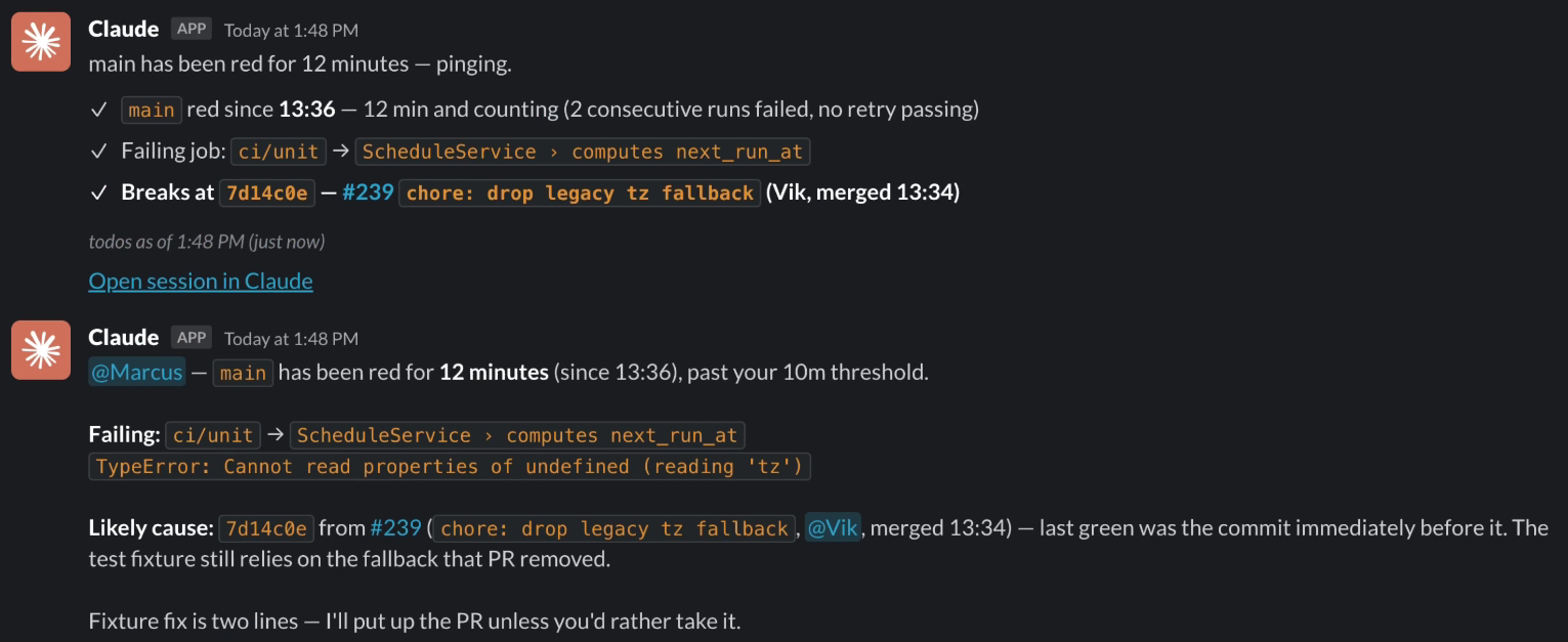Claude reporting the CI failure and likely cause