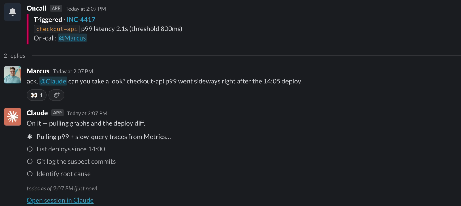 Claude investigating an incident from a Slack alert