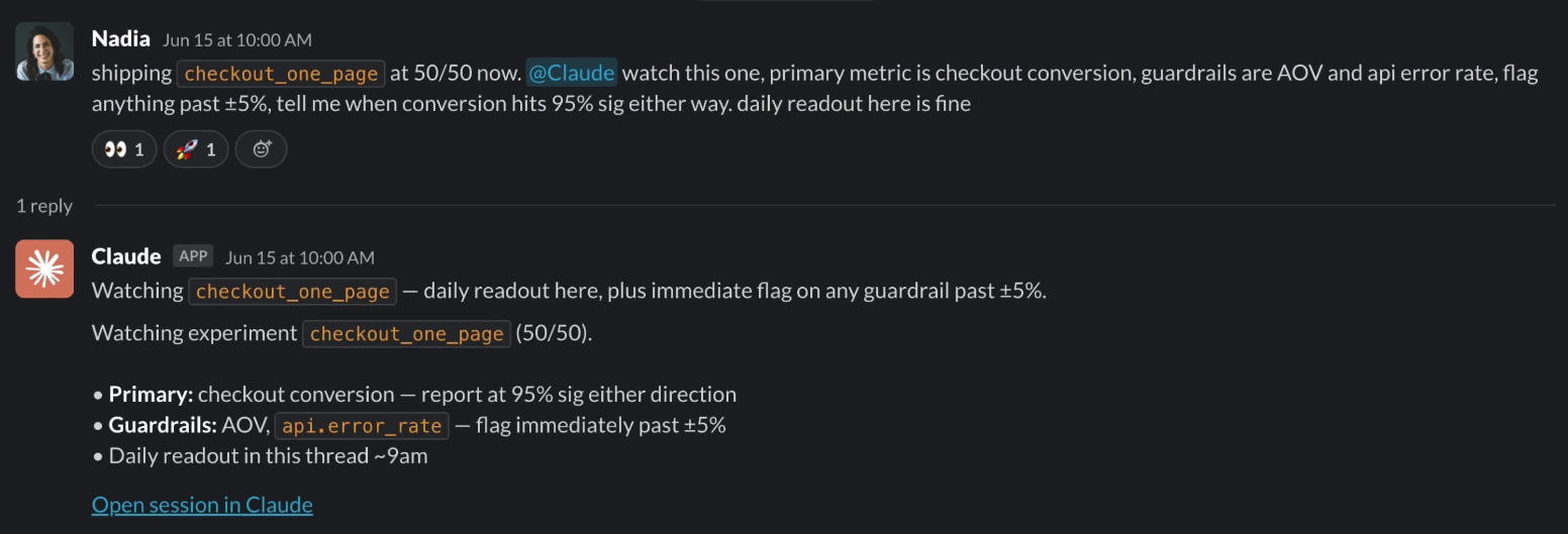 Claude monitoring an A/B test and its guardrail metrics